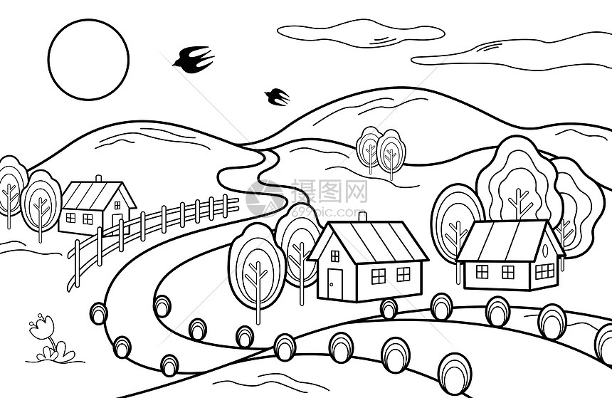 春天郊外乡村道路简笔画插画图片下载-正版图片401692869-摄图网