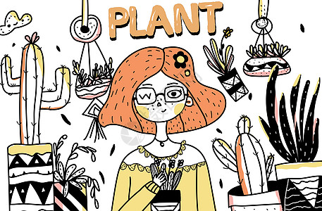 简笔画抱植物的女孩图片