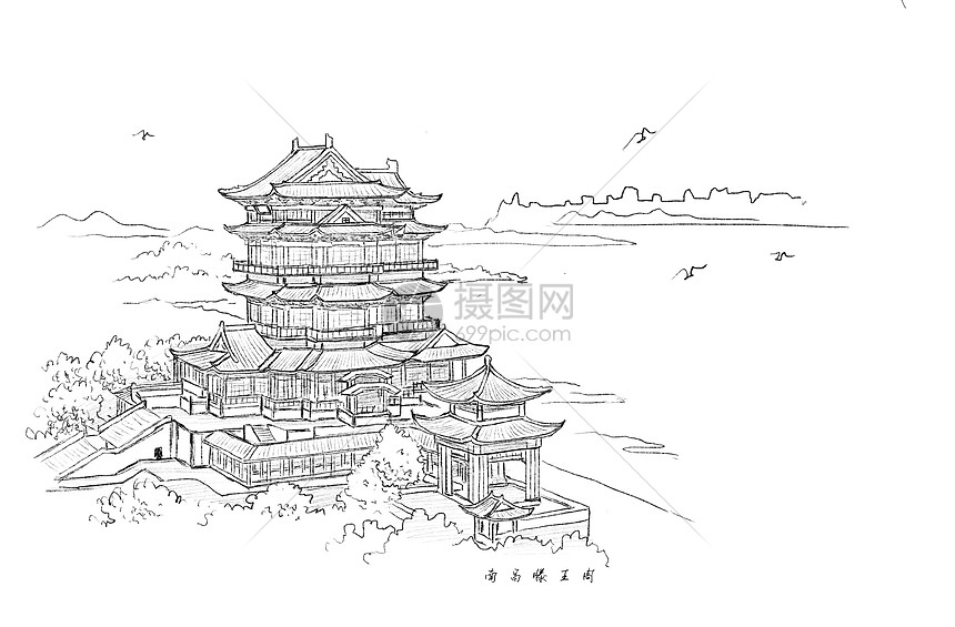 名楼南昌滕王阁风景速写插画图片下载-正版图片401694917-摄图网