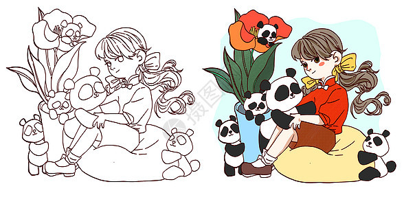 抱熊猫的小女孩简笔画填色游戏图片