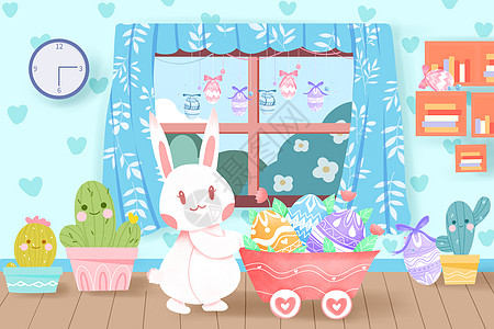 在家看足球赛复活节在家看彩蛋的兔子插画