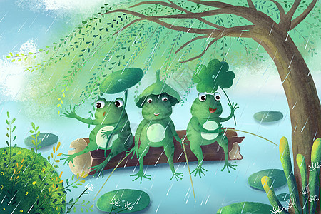 谷雨节气童话风青蛙钓鱼图片