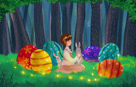 复活节插画女生坐在兔子身上高清图片