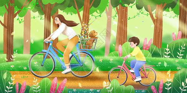 假期男孩和妈妈在树林骑自行车图片