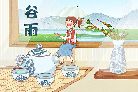 24节气谷雨唯美小清新插画背景图片