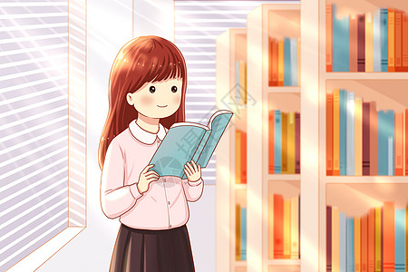 读书图书馆看书的女孩插画