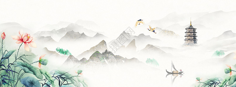 藏族风景古风水墨山水设计图片