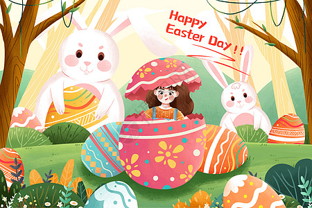 复活节彩蛋女孩与兔子插画图片