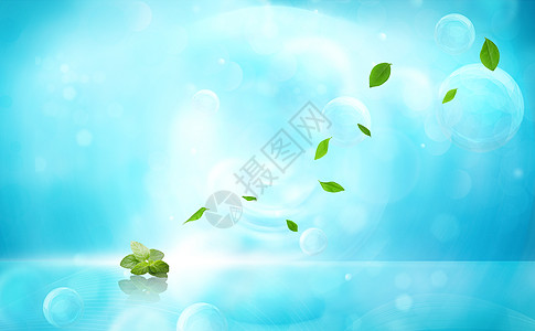 绿叶水珠蓝色清新背景设计图片