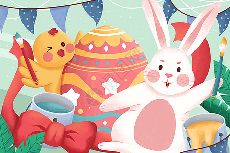 复活节彩兔子小黄鸡画彩蛋插画图片
