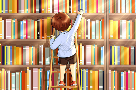 踩着梯子拿书的小孩背景图片