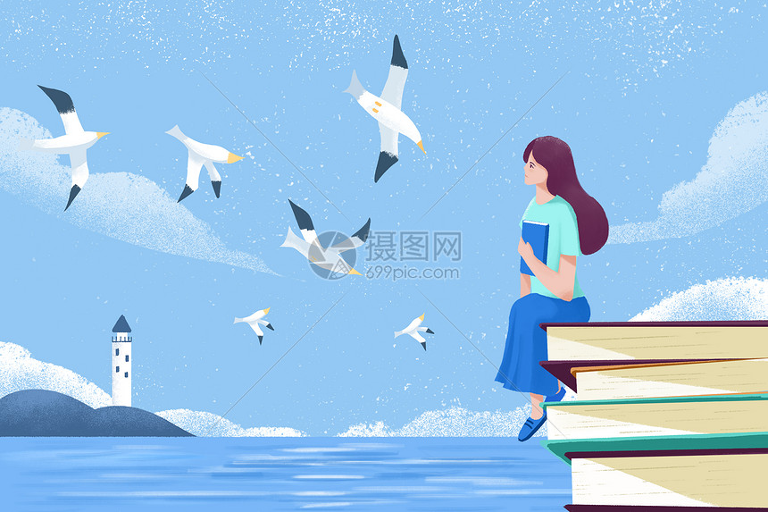 读书日学生青年在海边坐在书上图片