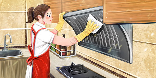 保姆培训清洁厨房做家务的女人插画