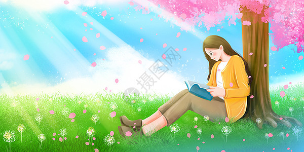 女孩在树下安静读书场景图片