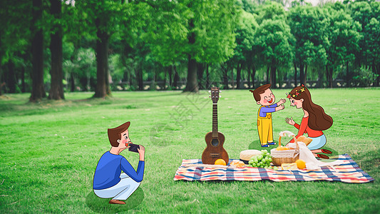 一家人草地野餐创意插画图片