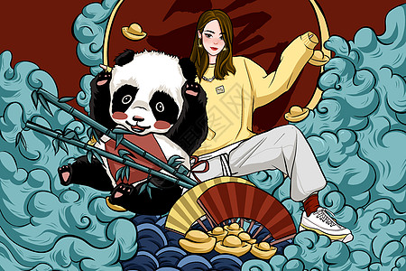 中国风电商国潮女孩与熊猫插画