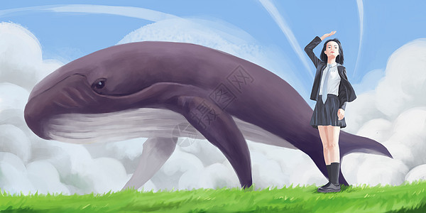 鲸鱼和女孩背景图片