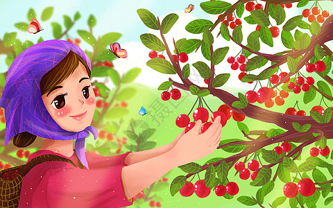 果蔬卡通画背筐戴头巾摘樱桃的人插画