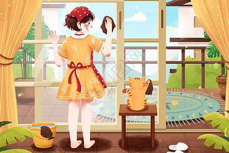 五一劳动节女孩与猫打扫擦落地窗插画图片