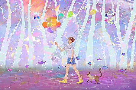 奇幻树林夏天放飞气球的少年插画