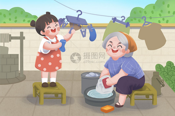 劳动节孩子帮奶奶晾衣服插画图片