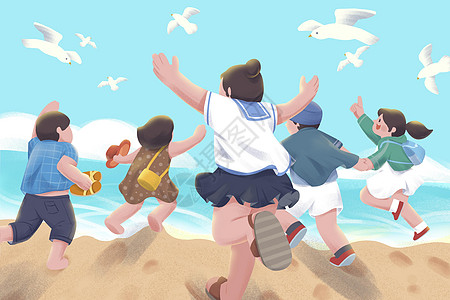 五四青年节在海边奔跑插画图片