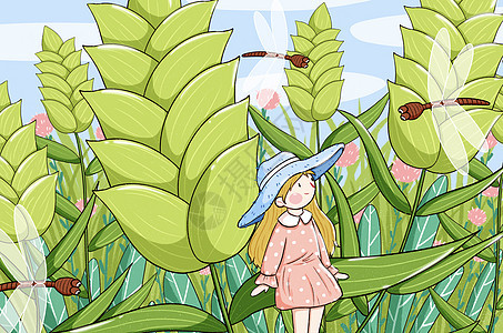 小满女孩与小麦手绘插画背景图片
