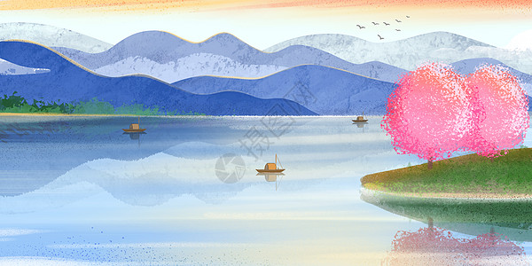 舟山桃花岛噪点肌理中国风桃花岛山水风景插画