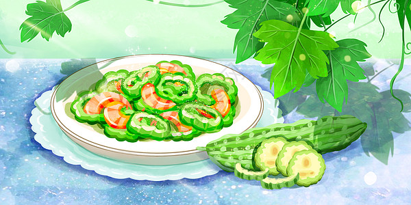 健康蔬菜小满节气苦菜苦瓜炒虾仁插画