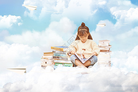 云朵上看书的学生背景背景图片