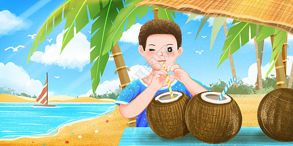 在沙滩上喝椰子汁的儿童图片