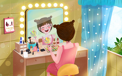 淡粉背景素材可爱女生拿着棒棒糖照镜子插画