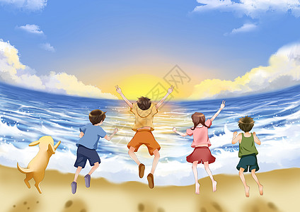 早安晨之美六一儿童节海边之旅插画