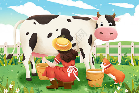 机油桶牛奶日牧场挤牛奶女孩插画插画