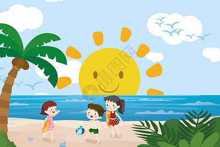 夏天海边游玩的孩子图片
