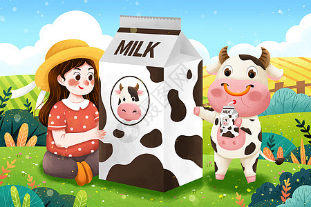 世界牛奶日奶牛女孩与牛奶插画图片