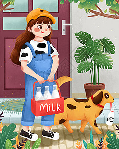 牛奶日送牛奶女孩与狗插画图片