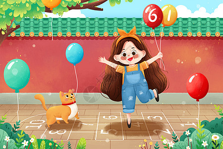 六一儿童节拿着气球女孩与猫插画图片