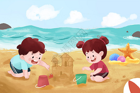 海边的小孩夏季海边玩沙雕的孩子插画