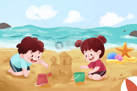 夏季海边玩沙雕的孩子图片