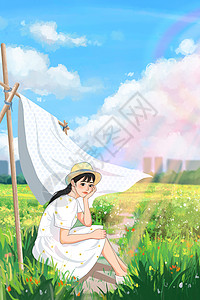 菊花花海坐在草地里的女孩插画
