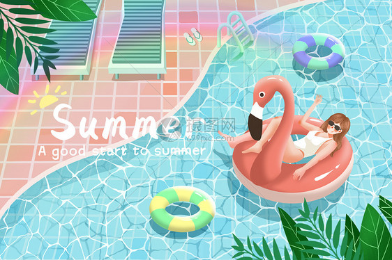 清新卡通夏至夏天清凉泳池少女插画图片