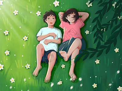 夏天躺在草坪上的男孩女孩图片