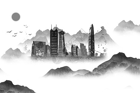 深圳风景水墨深圳国际会议中心地标建筑插画