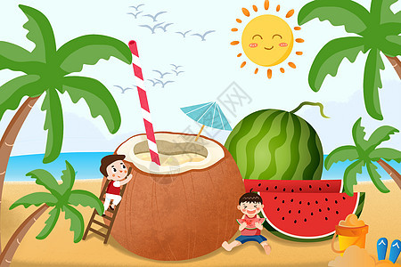 夏季海边吃瓜的孩子图片