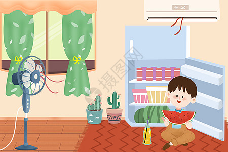 空调西瓜夏季宅在家中吃瓜的男孩插画