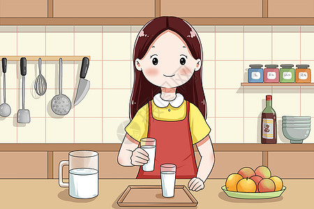 全家吃早餐女孩在厨房准备牛奶插画
