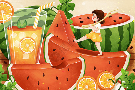 夏季吃西瓜喝饮料插画图片