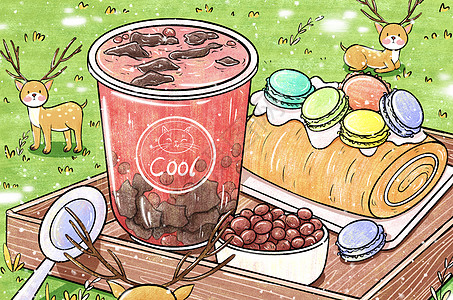 夏日奶茶下午茶甜品插画