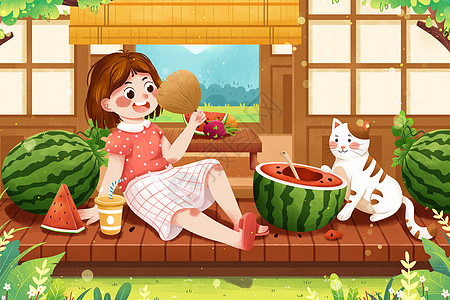 夏至屋檐下乘凉吃西瓜插画图片素材
